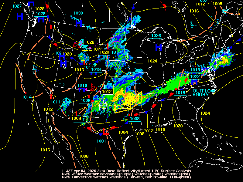 Latest WPC surface analysis, NWS Winter Weather Watches/Warnings/Advisories, and radar loop