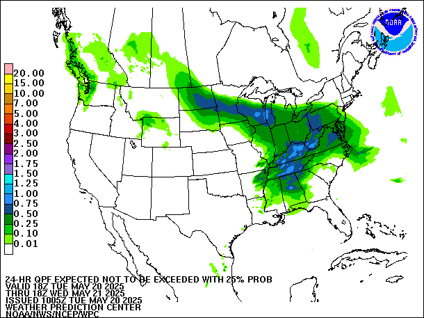 24-Hour 25th
                     Percentile QPF valid 18Z May 21, 2025