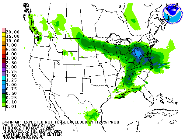 24-Hour 25th
                     Percentile QPF valid 00Z May 22, 2025