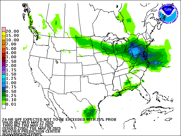 24-Hour 25th
                     Percentile QPF valid 06Z May 22, 2025