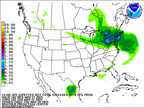 24-Hour 25th
                     Percentile QPF valid 18Z May 22, 2025