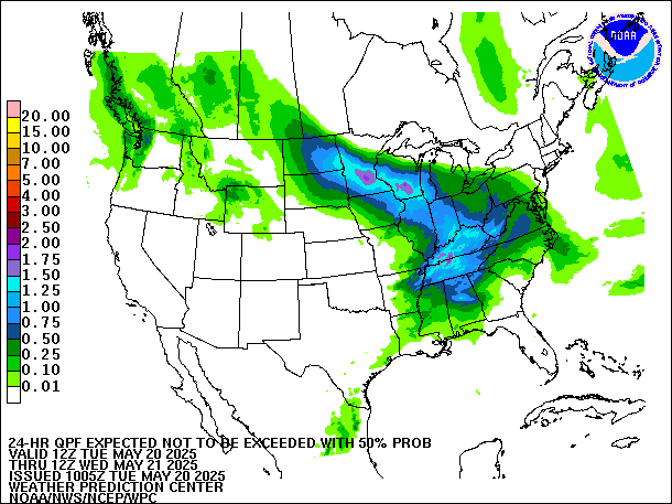 24-Hour 50th
                     Percentile QPF valid 12Z May 21, 2025