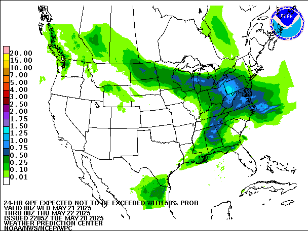 24-Hour 50th
                     Percentile QPF valid 00Z May 22, 2025