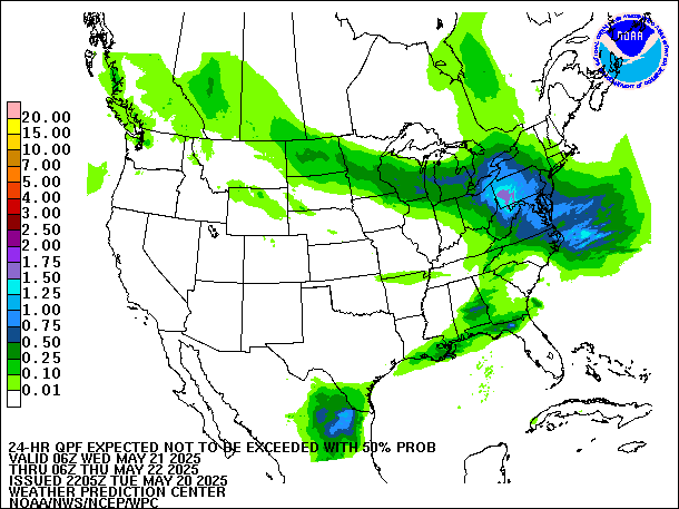 24-Hour 50th
                     Percentile QPF valid 06Z May 22, 2025