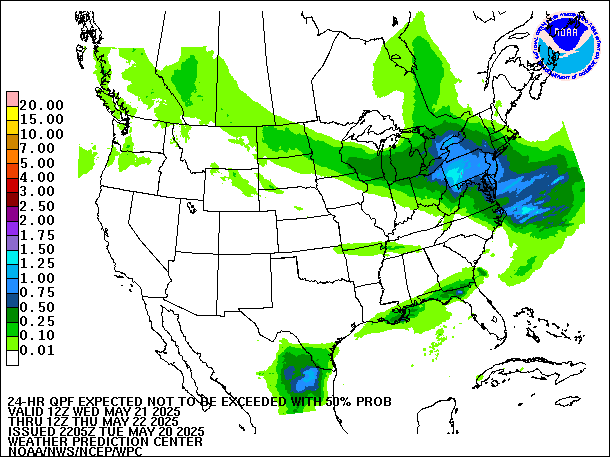 24-Hour 50th
                     Percentile QPF valid 12Z May 22, 2025