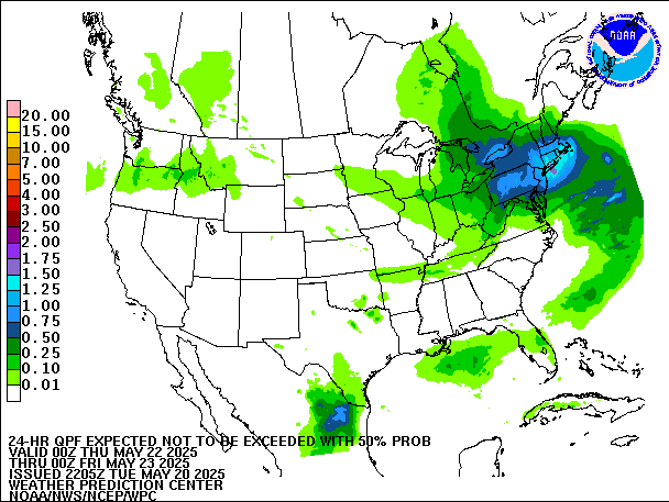 24-Hour 50th
                     Percentile QPF valid 00Z May 23, 2025
