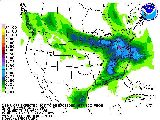 24-Hour 75th
                     Percentile QPF valid 00Z May 22, 2025