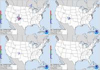 Day 1 probability of snow greater than or equal to 4, 8, and 12 inches and freezing rain greater than or equal to .25 inch